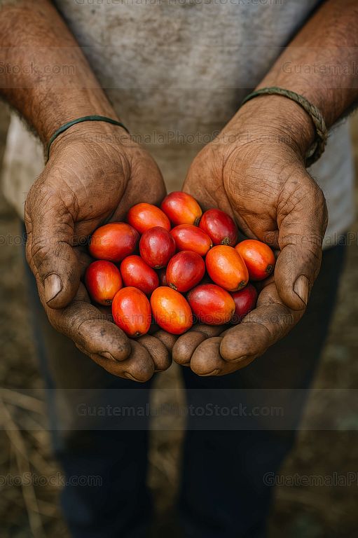 Cerezas de café en manos trrabajadoras