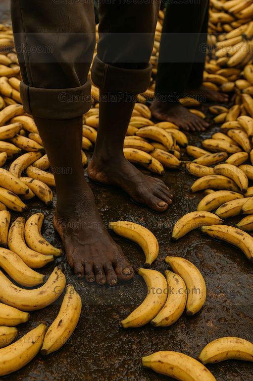 Pies de trabajadores y bananos