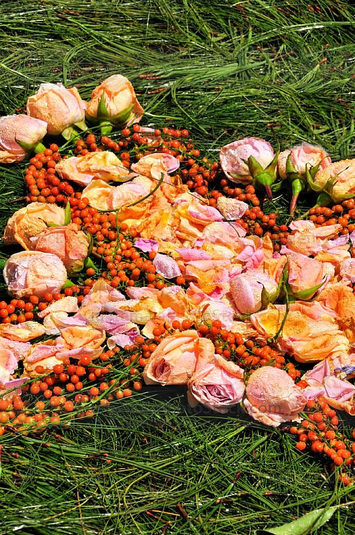 Alfombra de aserrín y flores