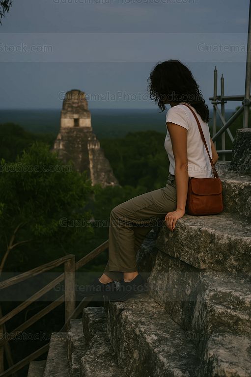 Mujer contemplando el amanecer desde las ruinas mayas en Tikal