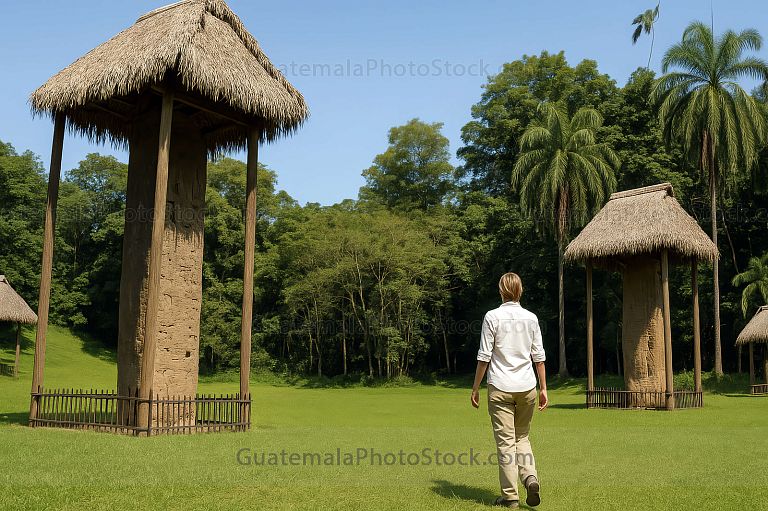 Estela maya bajo palapa en claro tropical de Quiriguá