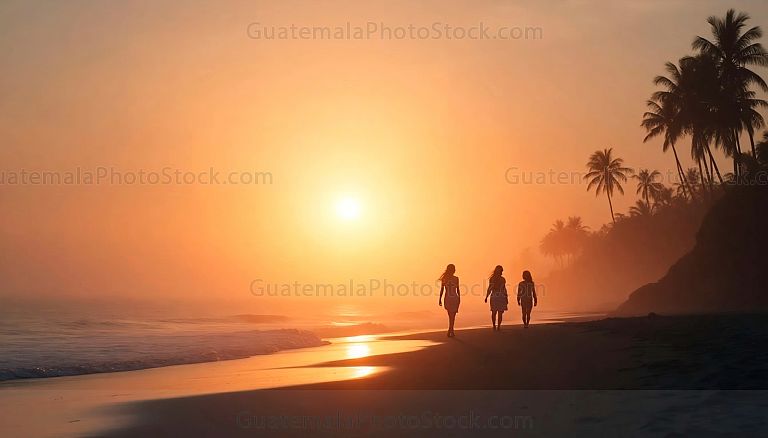 Mujeres caminando al amanecer en la playa