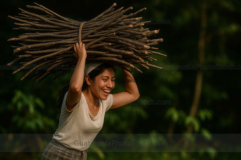 Joven mujer cargando leña