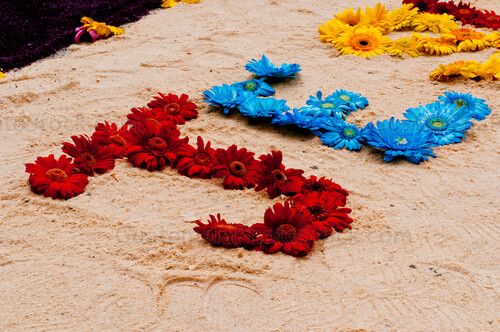 Alfombra de aserrín y flores