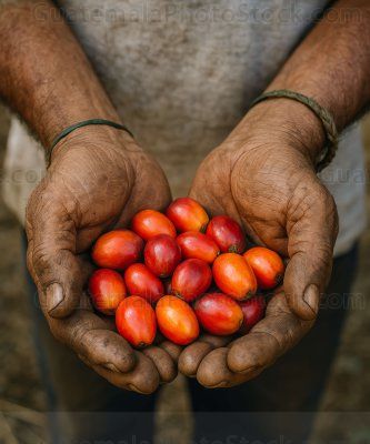 Cerezas de café en manos trrabajadoras