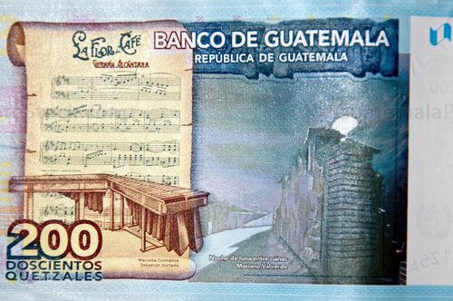 Detalle del reverso de un billete de 200 quetzales