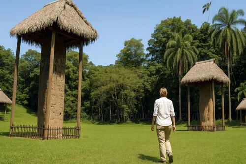 Estela maya bajo palapa en claro tropical de Quiriguá