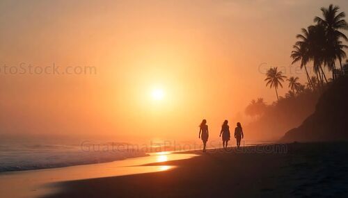 Mujeres caminando al amanecer en la playa