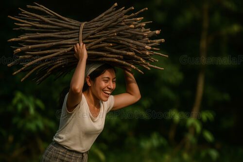 Joven mujer cargando leña