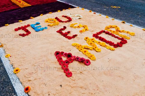 Alfombra de aserrín y flores